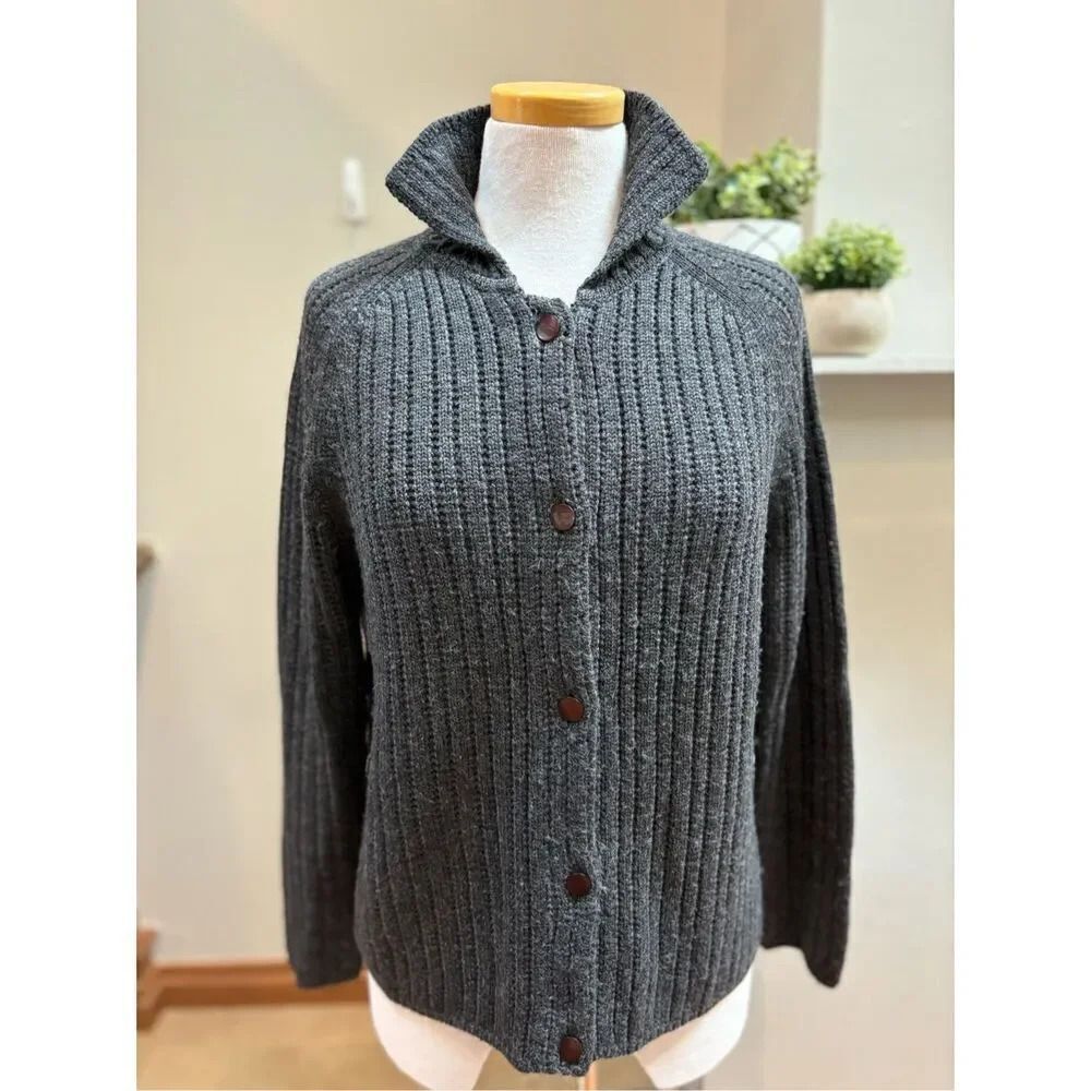 Field Manor S Vintage charcoal wool (100) bottom front collared oversized cardig